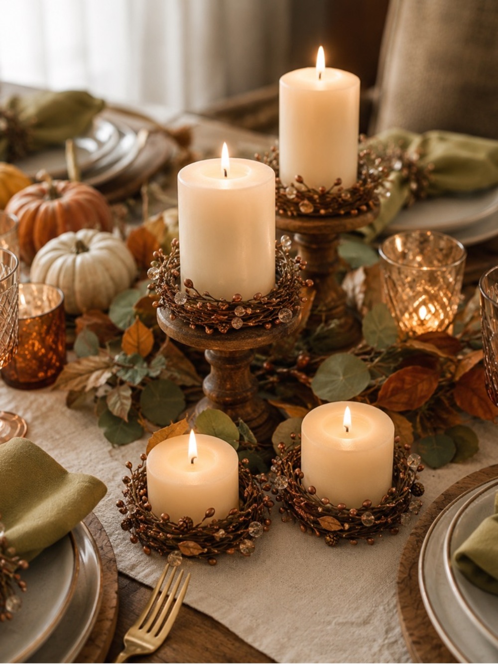 Rustic Elegant Fall Table Napkin Rings Candle Thanksgiving Gold & Copper Set 4